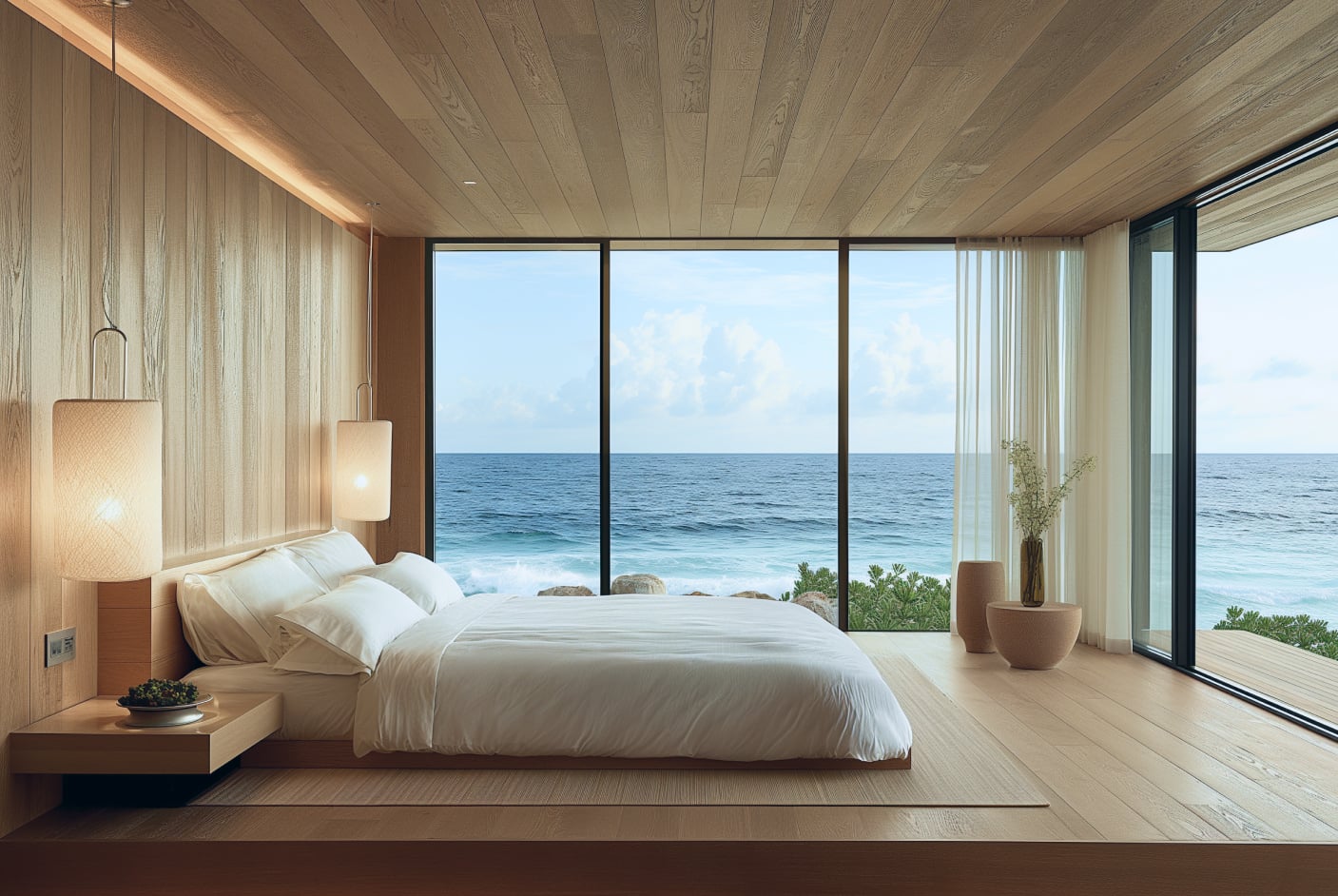 A beautiful hotel room with views to the sea