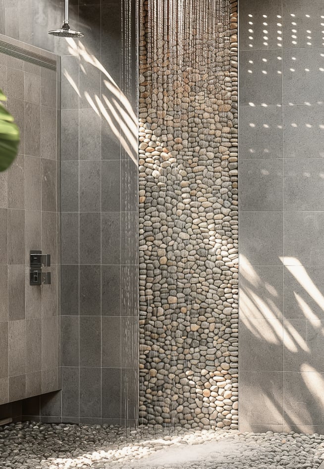 A rainfall shower head on a spa room